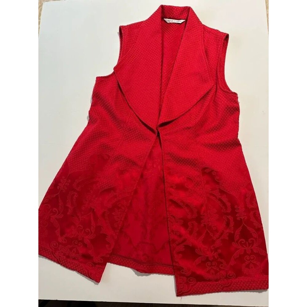 Peter Nygård Red Damask Floral Jacquard Open-Front Draped Vest